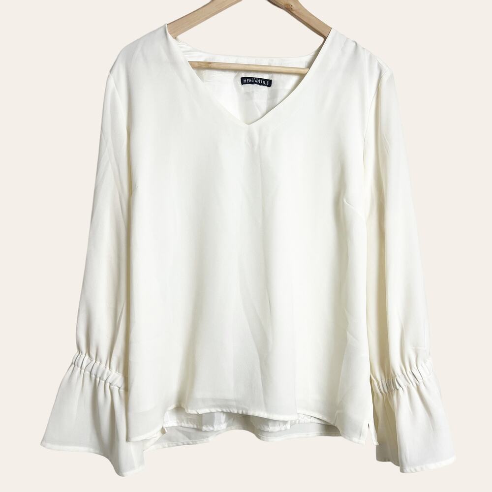 J.Crew Mercantile White Bow Bell Sleeve V-Neck Blouse Top Size L